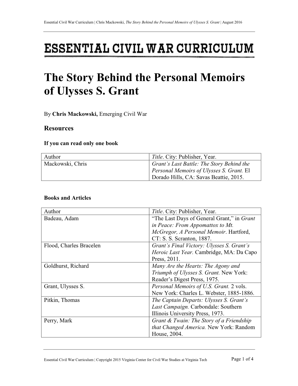 Grant's Memoirs Resources