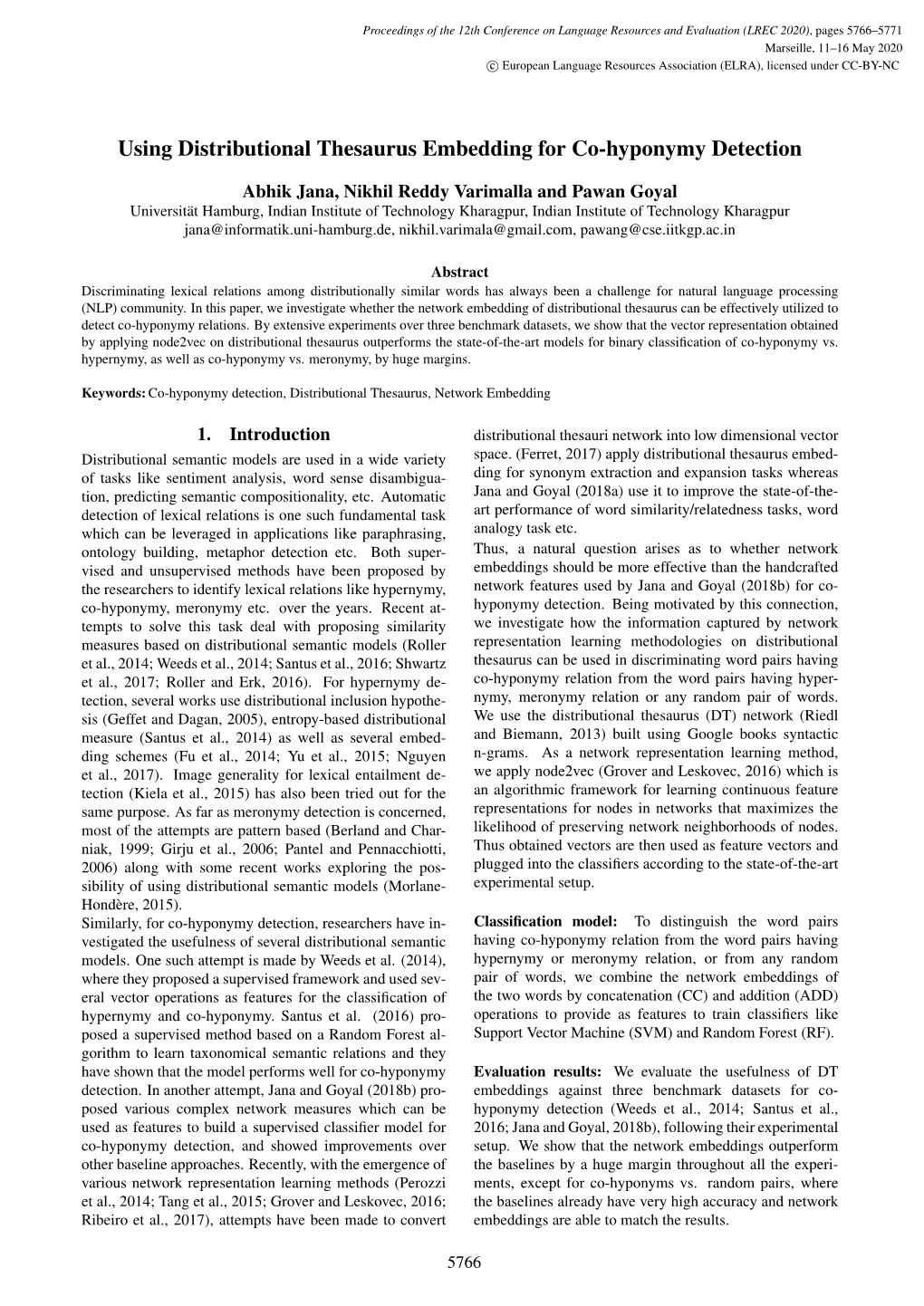 Using Distributional Thesaurus Embedding for Co-Hyponymy Detection