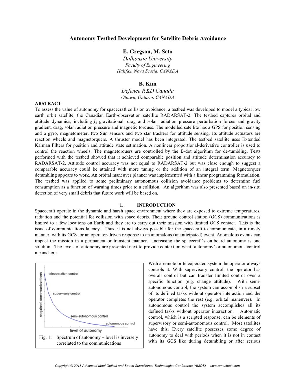 Autonomy Testbed Development for Satellite Debris Avoidance E. Gregson, M. Seto Dalhousie University B. Kim Defence R&D Cana