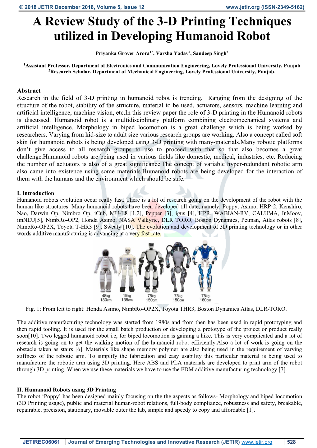 A Review Study of the 3-D Printing Techniques Utilized in Developing Humanoid Robot