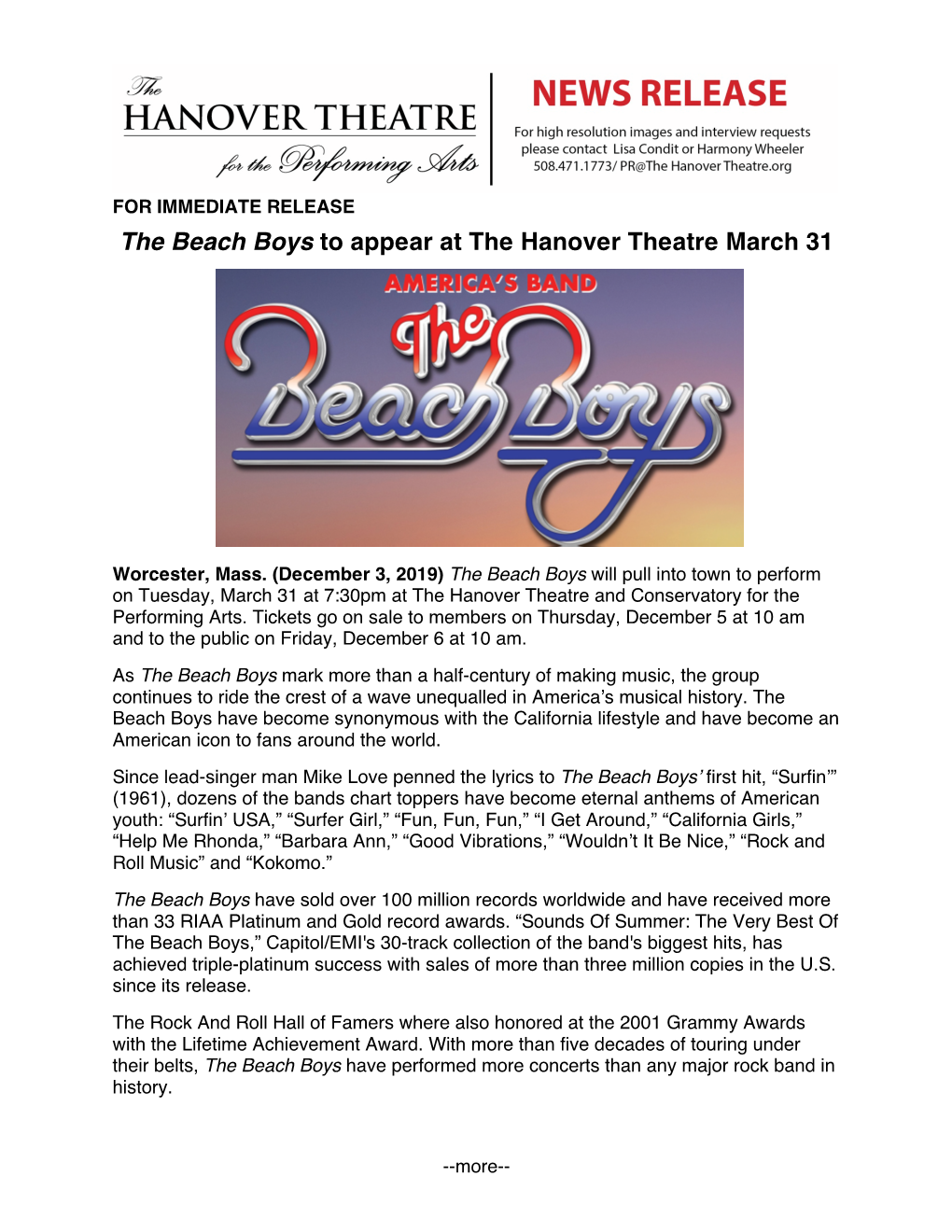 The Beach Boys to Appear at the Hanover Theatre March 31