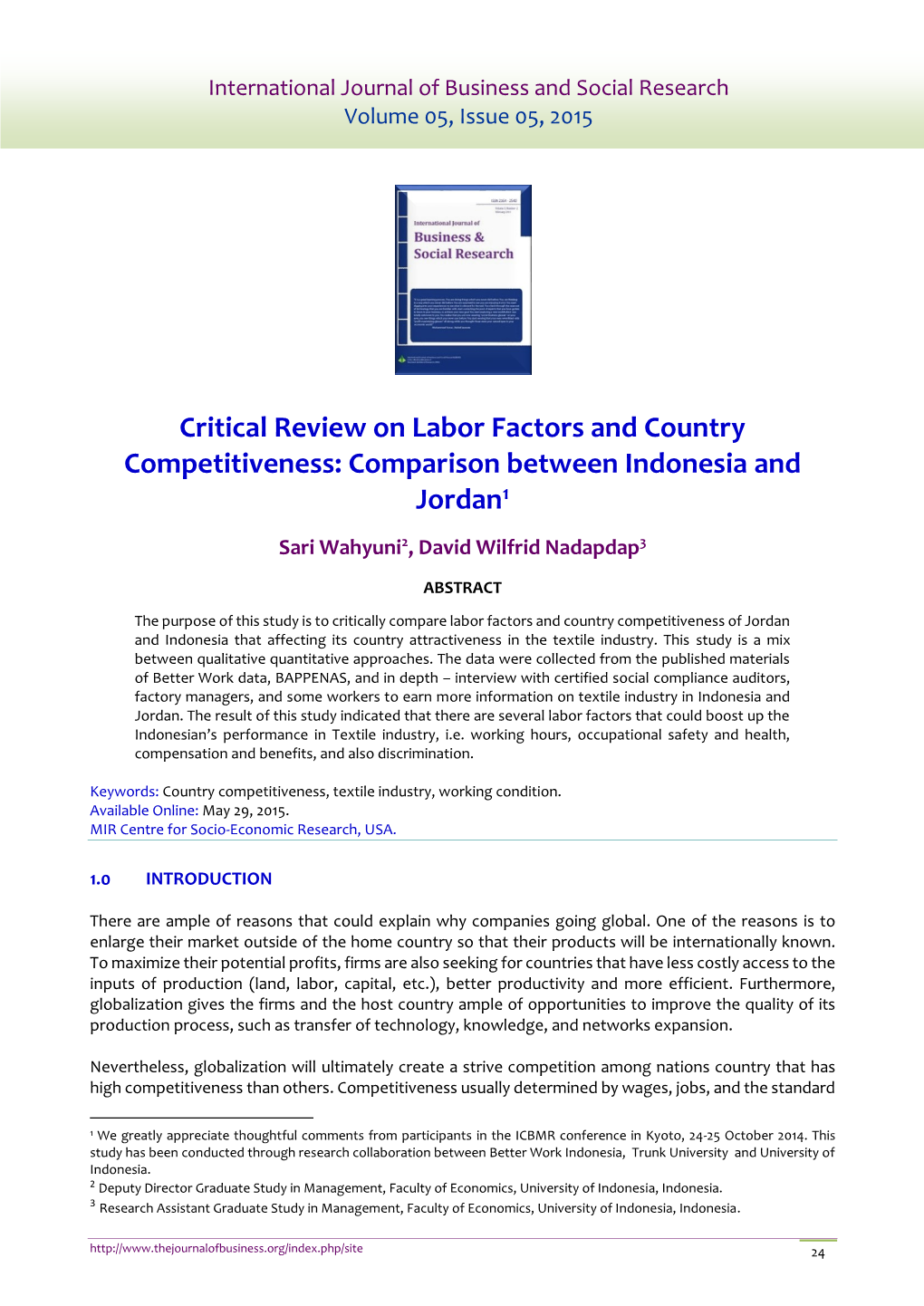 Critical Review on Labor Factors and Country Competitiveness: Comparison Between Indonesia and Jordan1