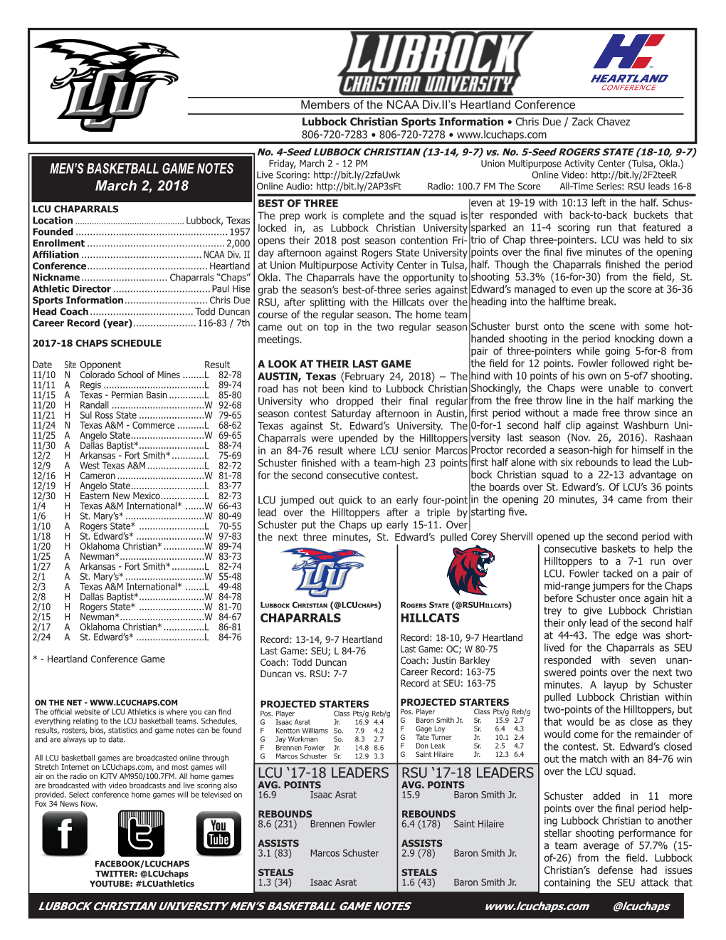 MEN's BASKETBALL GAME NOTES March 2, 2018