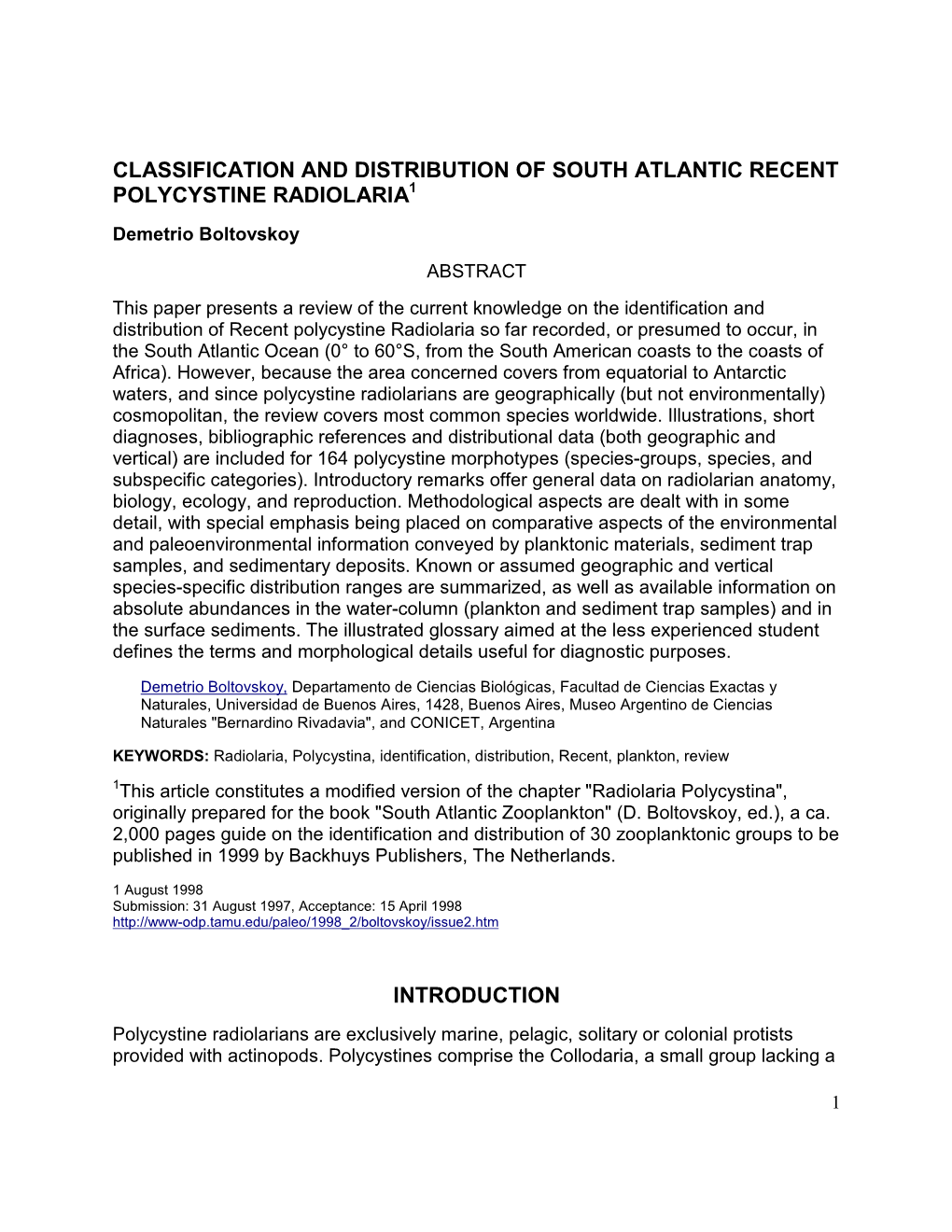 Classification and Distribution of South Atlantic Recent Polycystine Radiolaria