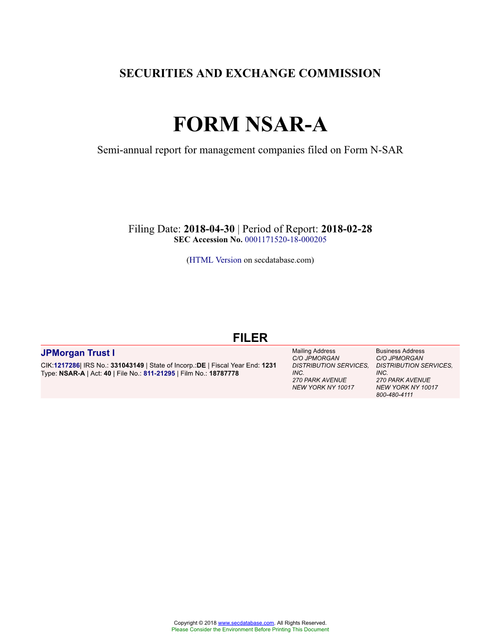 Jpmorgan Trust I Form NSAR-A Filed 2018-04-30