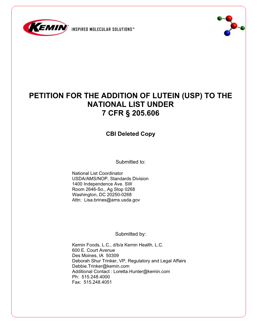 Lutein (Usp) to the National List Under 7 Cfr § 205.606