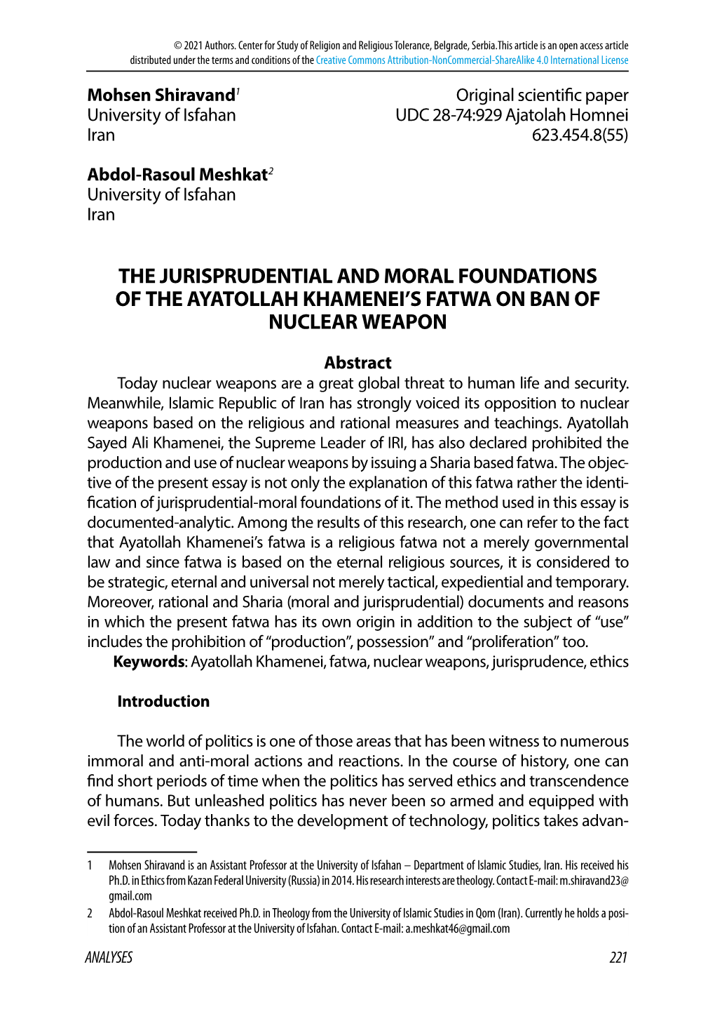 The Jurisprudential and Moral Foundations of the Ayatollah Khamenei’S Fatwa on Ban of Nuclear Weapon