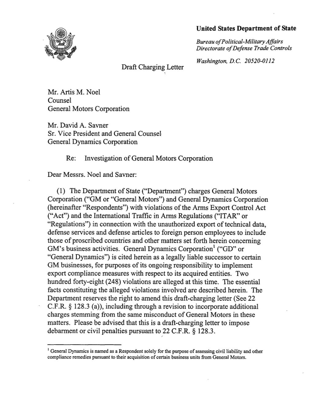 General Motors Corp. and General Dynamics Corp., Draft Charging Letter