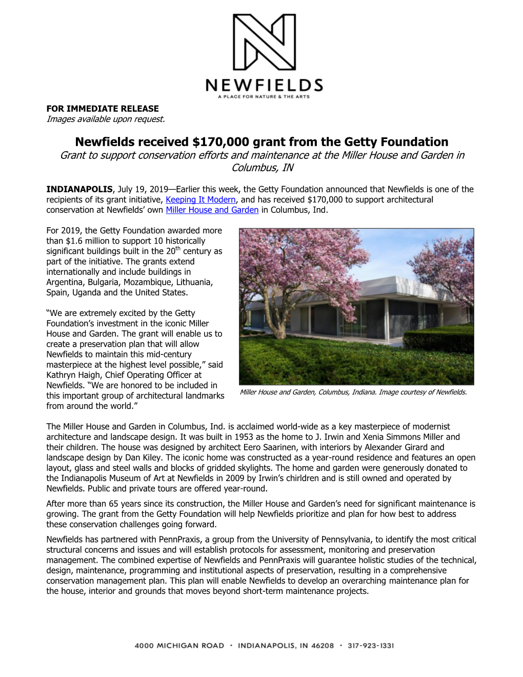 Newfields Received $170,000 Grant from the Getty Foundation Grant to Support Conservation Efforts and Maintenance at the Miller House and Garden in Columbus, IN