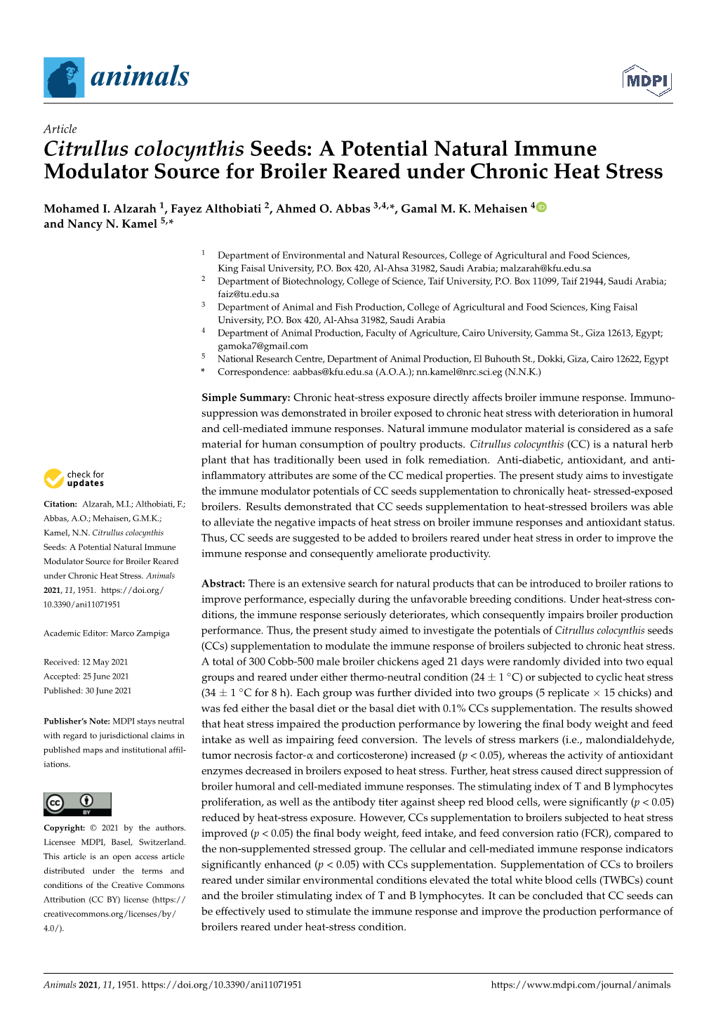 Citrullus Colocynthis Seeds: a Potential Natural Immune Modulator Source for Broiler Reared Under Chronic Heat Stress