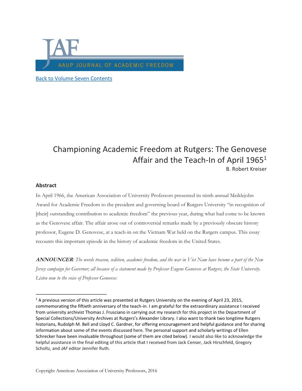 Championing Academic Freedom at Rutgers: the Genovese Affair and the Teach-In of April 19651 B