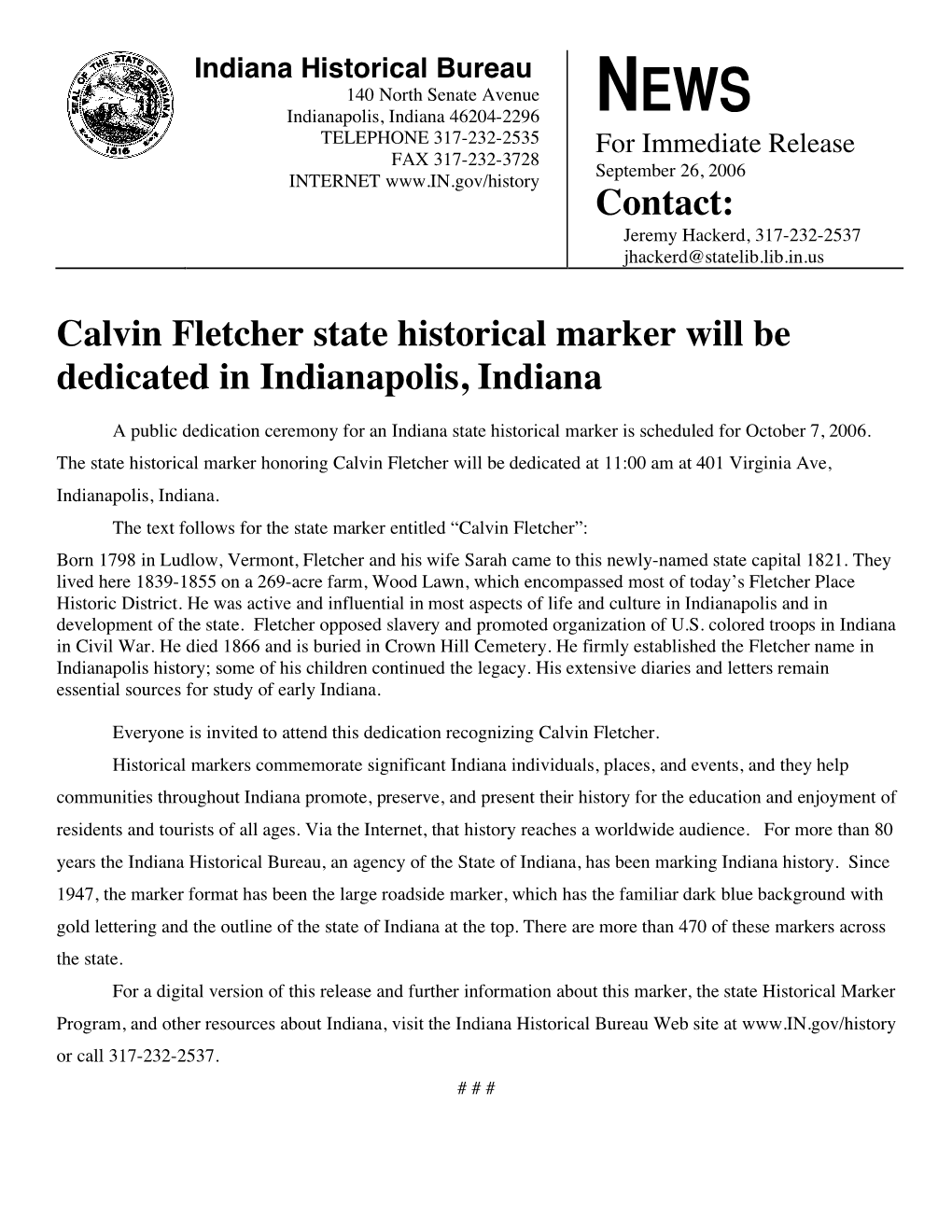 Calvin Fletcher Historical Marker Dedication