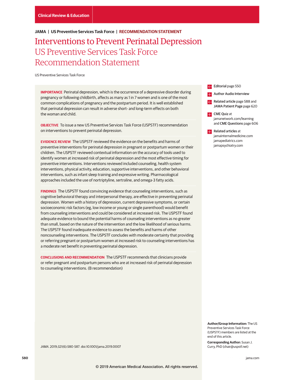 Interventions to Prevent Perinatal Depression US Preventive Services Task Force Recommendation Statement