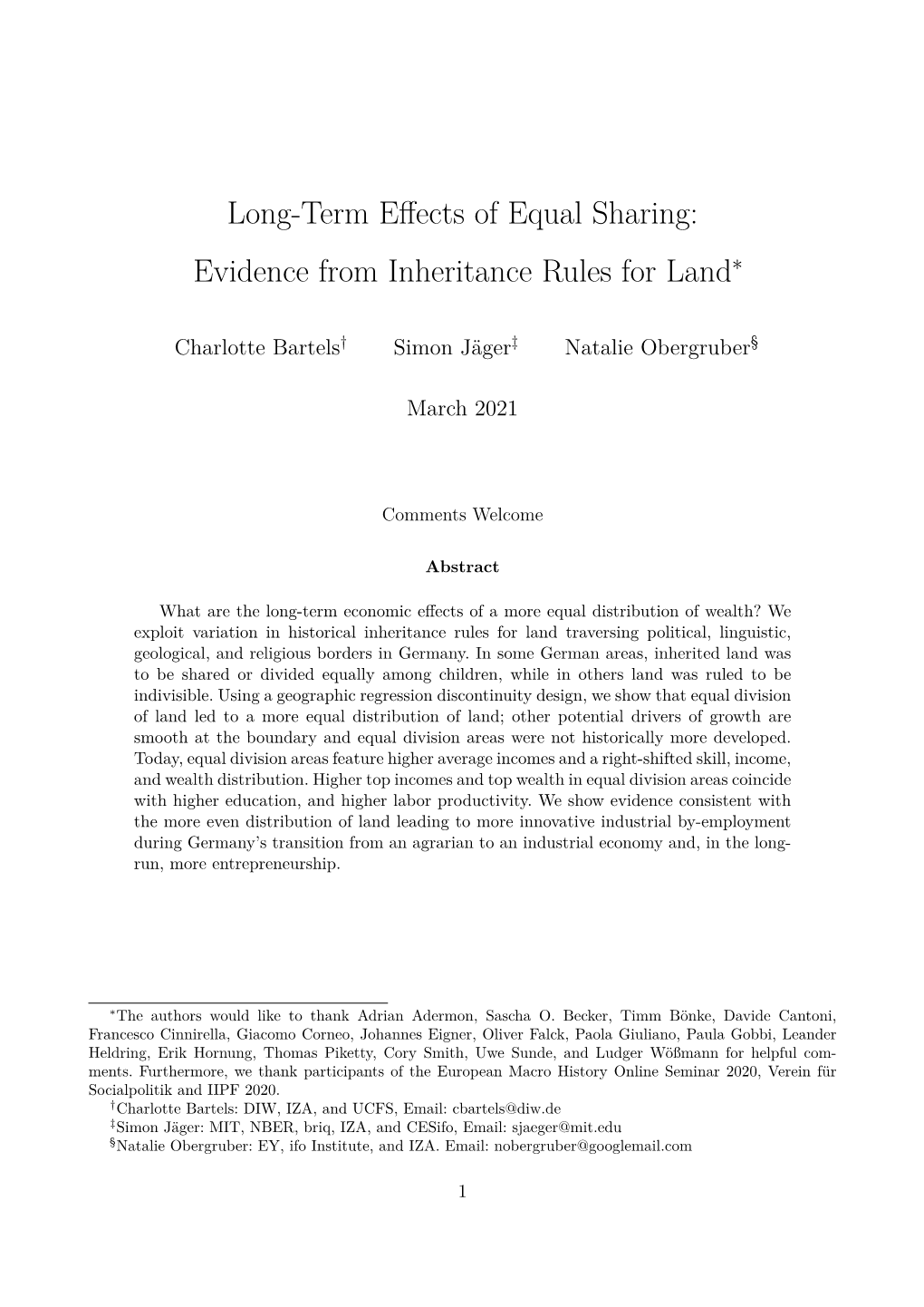 Long-Term Effects of Equal Sharing: Evidence from Inheritance Rules For