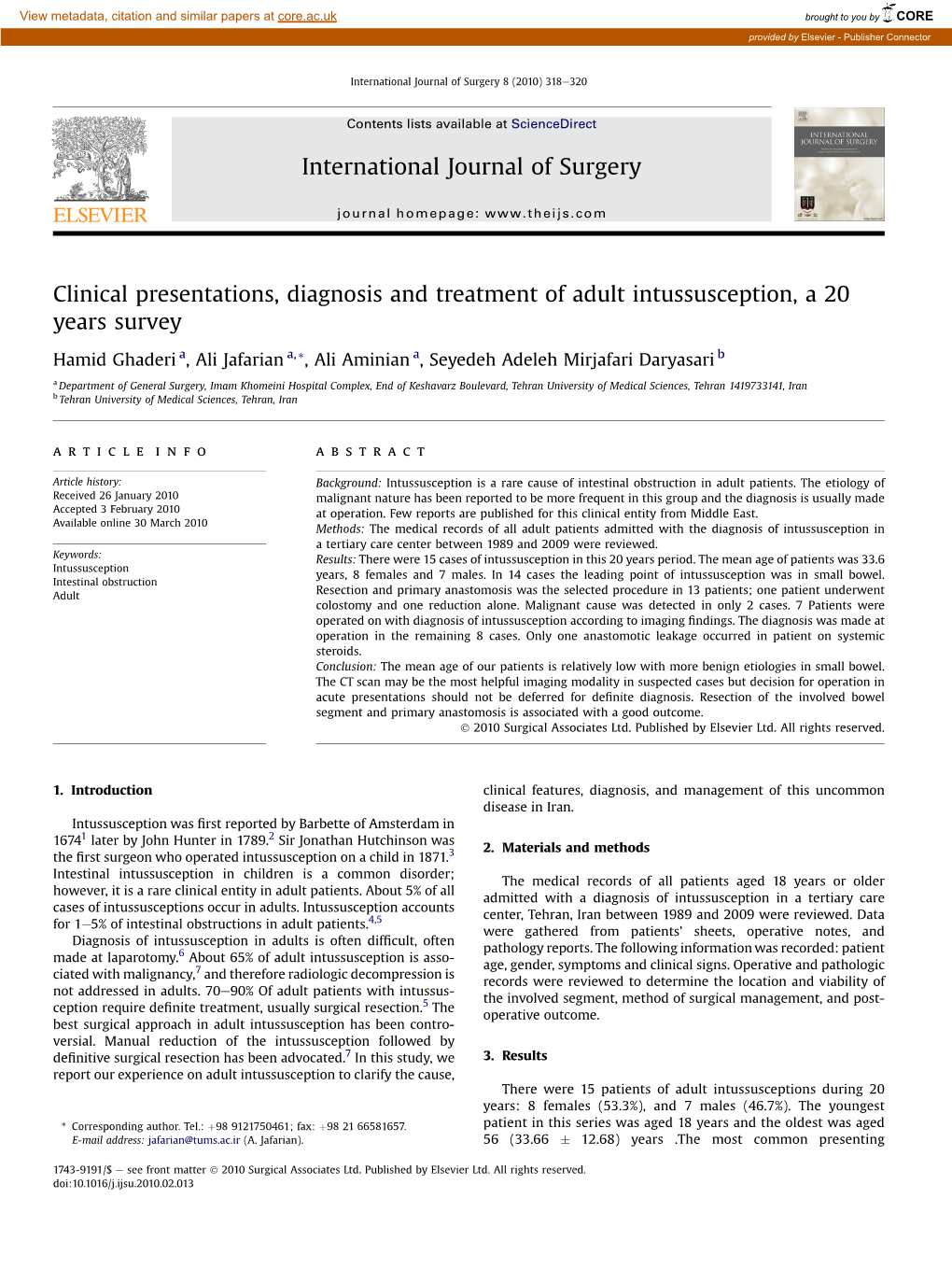 Clinical Presentations, Diagnosis and Treatment of Adult Intussusception, a 20 Years Survey