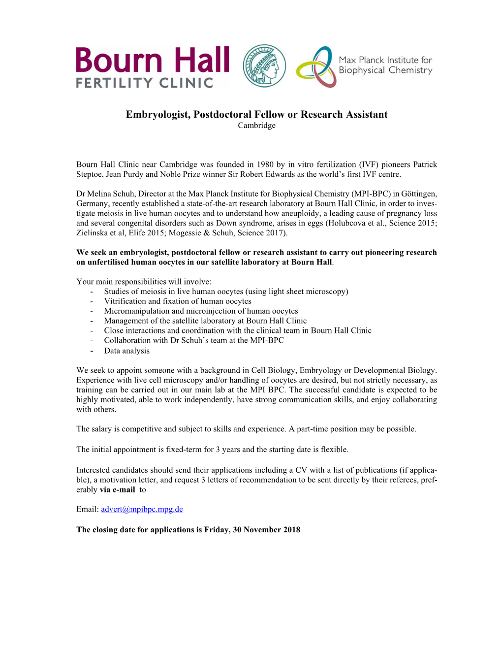 Embryologist, Postdoctoral Fellow Or Research Assistant Cambridge
