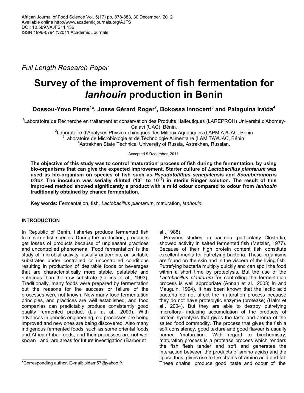 Survey of the Improvement of Fish Fermentation for Lanhouin Production in Benin