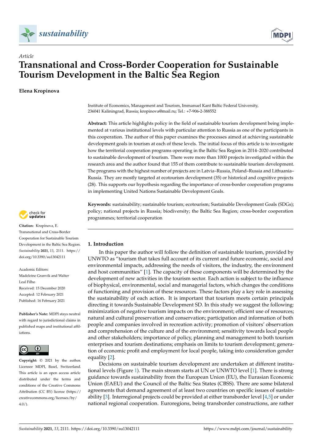 Transnational and Cross-Border Cooperation for Sustainable Tourism Development in the Baltic Sea Region