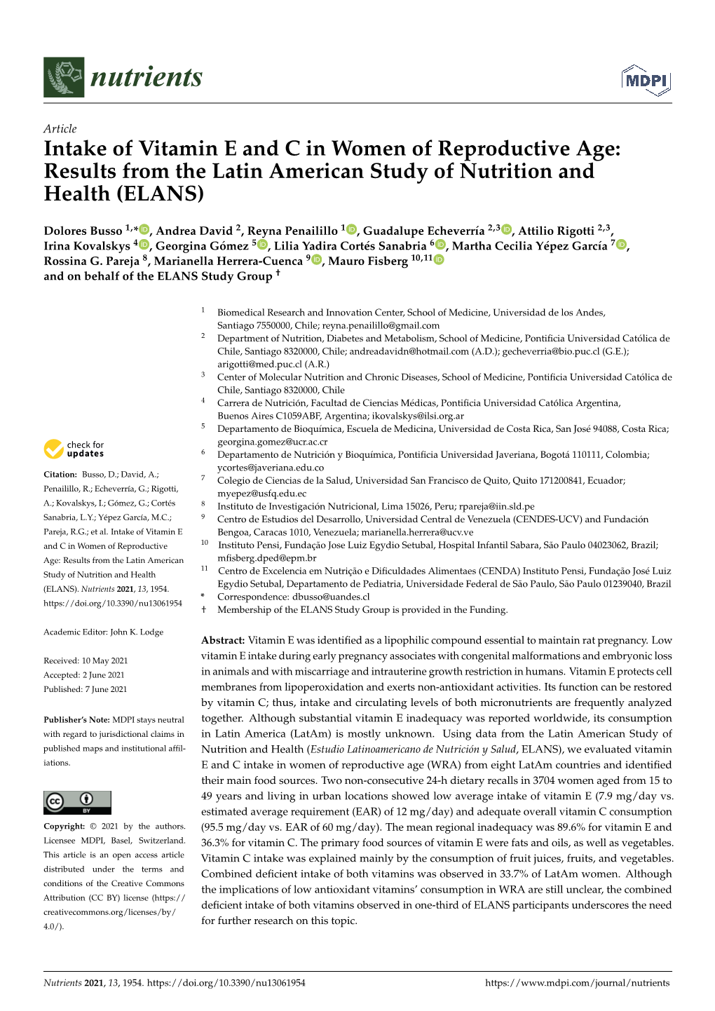 Intake of Vitamin E and C in Women of Reproductive Age: Results from the Latin American Study of Nutrition and Health (ELANS)