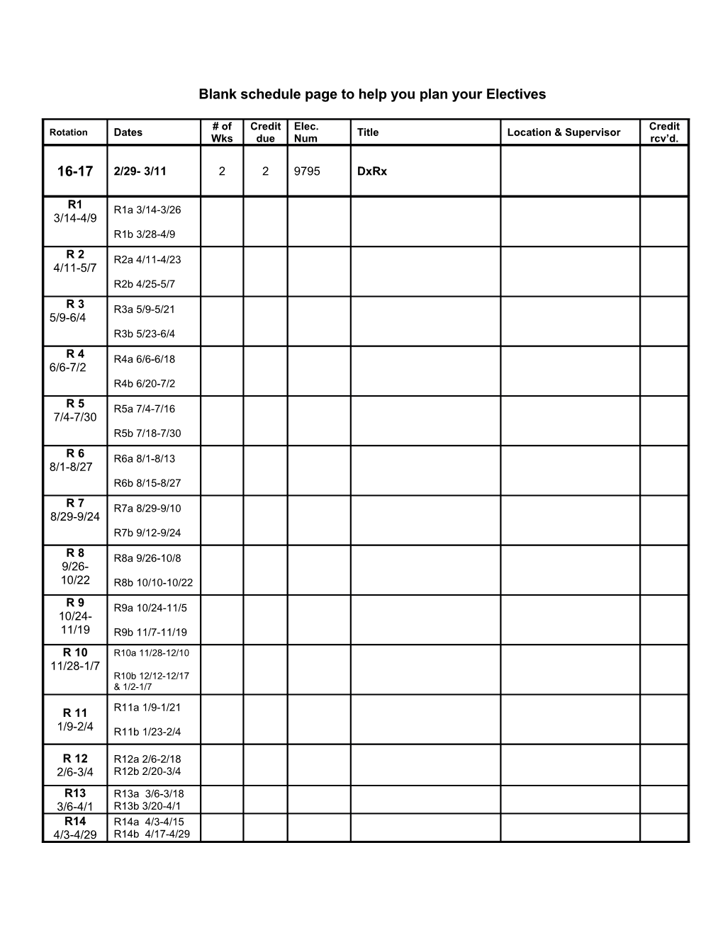 Blank Schedule Page to Help You Plan Your Electives