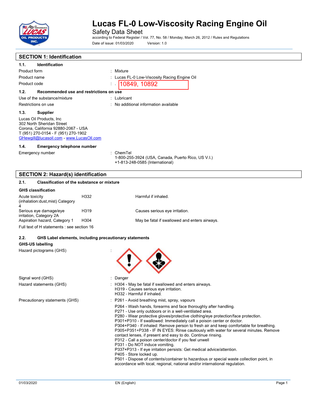 Lucas FL-0 Low-Viscosity Racing Engine Oil Safety Data Sheet According to Federal Register / Vol