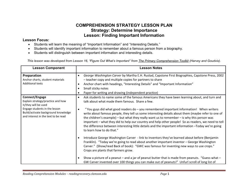 Comprehension Strategy Lesson Plan