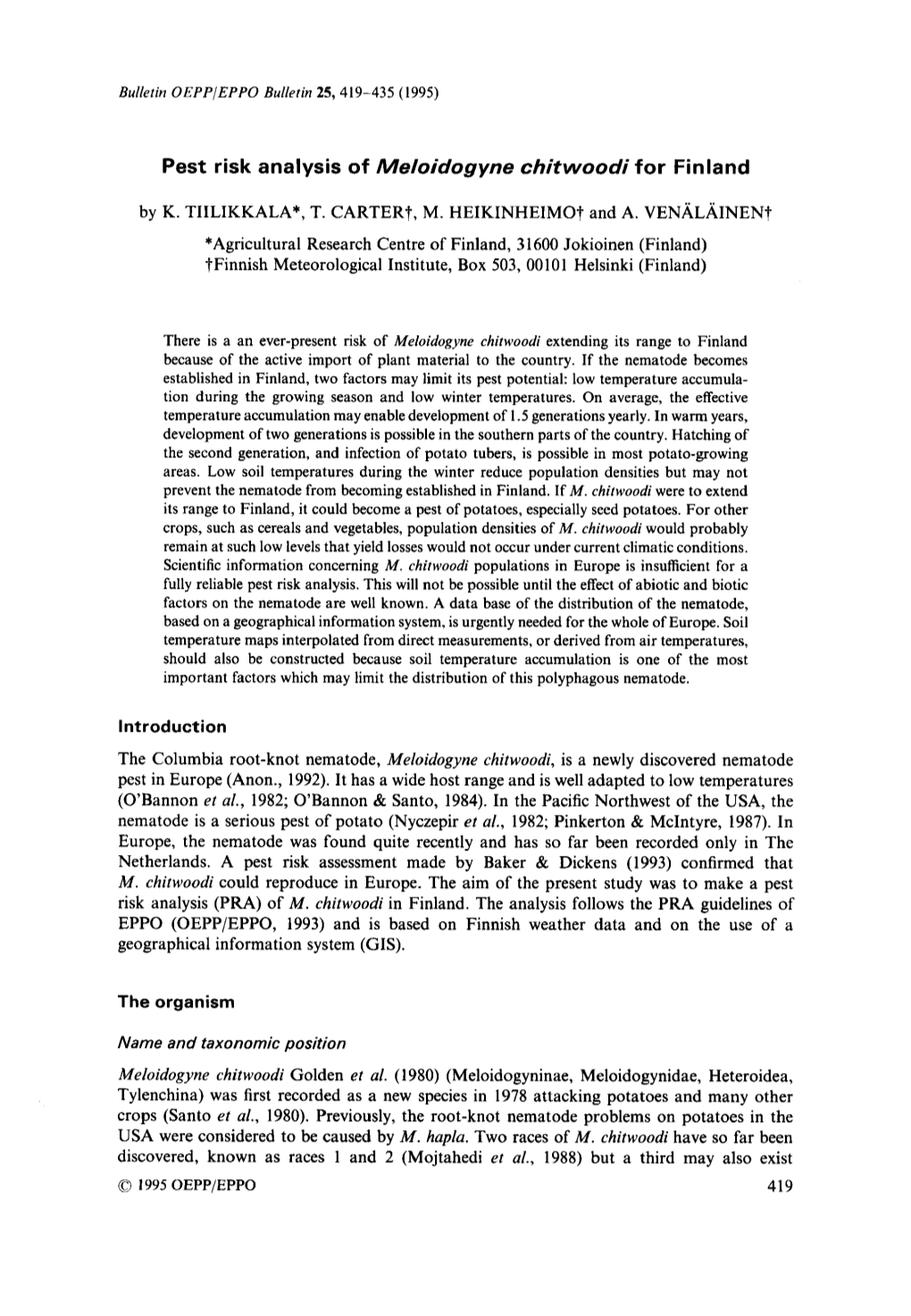 Pest Risk Analysis of Meloidogyne Chitwoodi for Finland