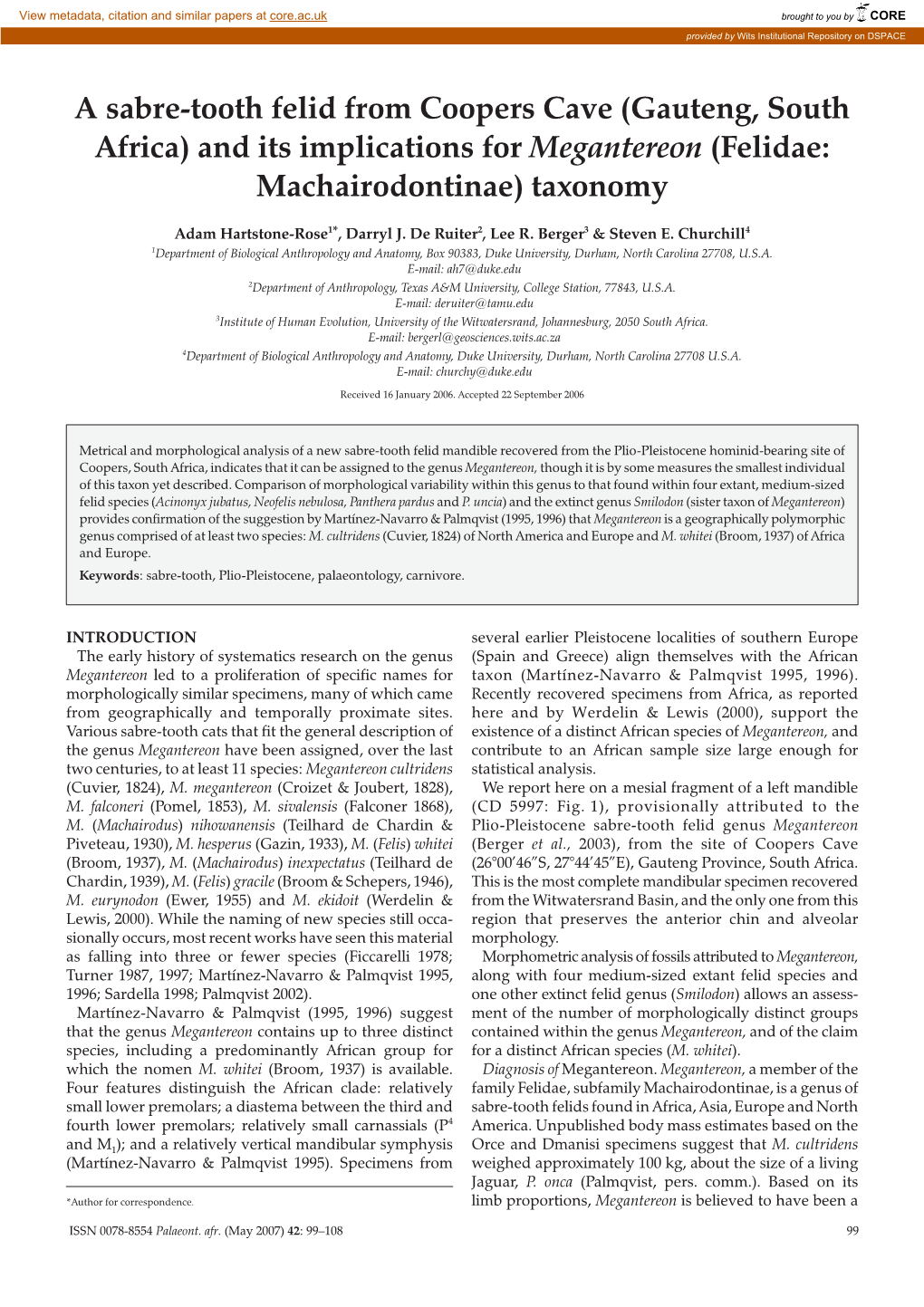 A Sabre-Tooth Felid from Coopers Cave (Gauteng, South Africa) and Its Implications for Megantereon (Felidae: Machairodontinae) Taxonomy