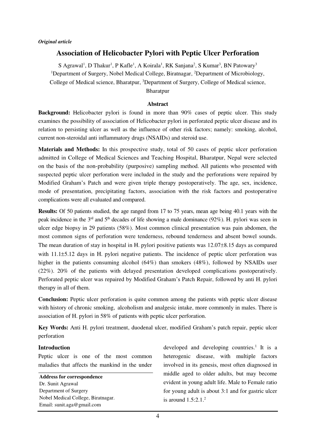 Association of Helicobacter Pylori with Peptic Ulcer Perforation