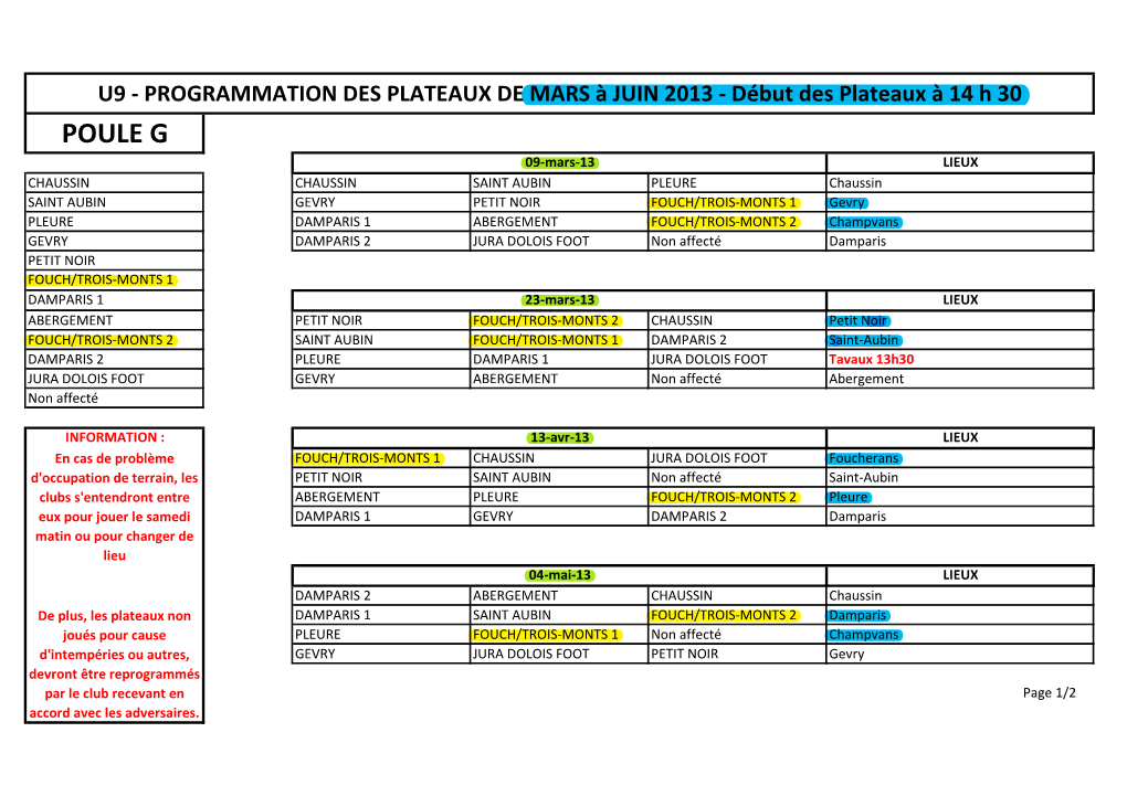 Calendrier U9