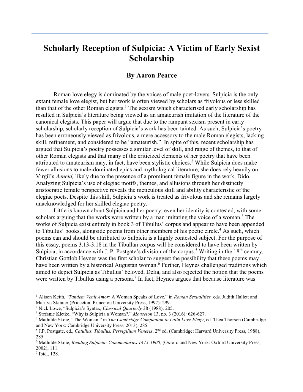 Scholarly Reception of Sulpicia: a Victim of Early Sexist Scholarship