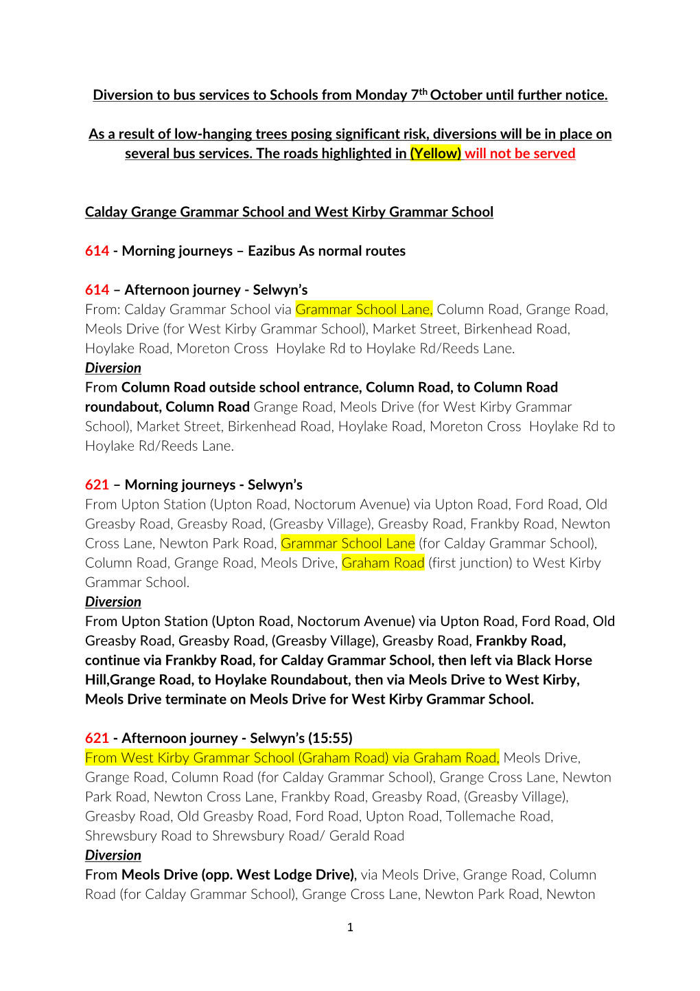 Diversion Routes for Schools 7.10.19 WKGS