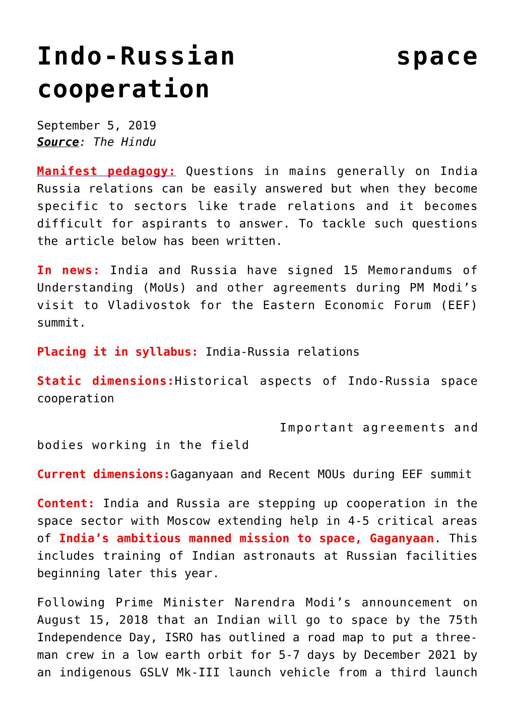 Indo-Russian Space Cooperation