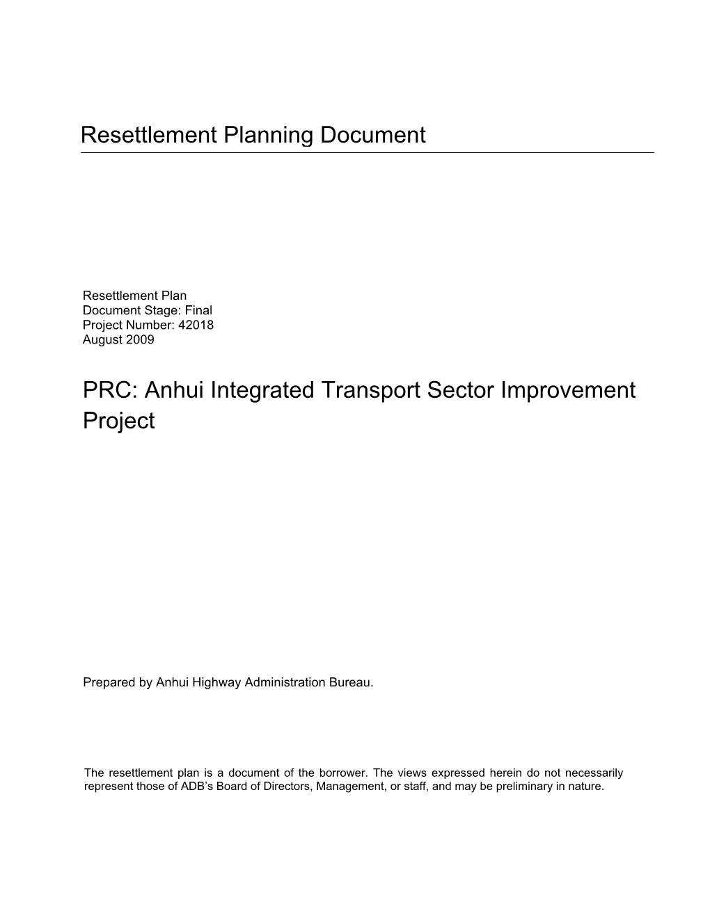 Resettlement Planning Document PRC: Anhui Integrated Transport