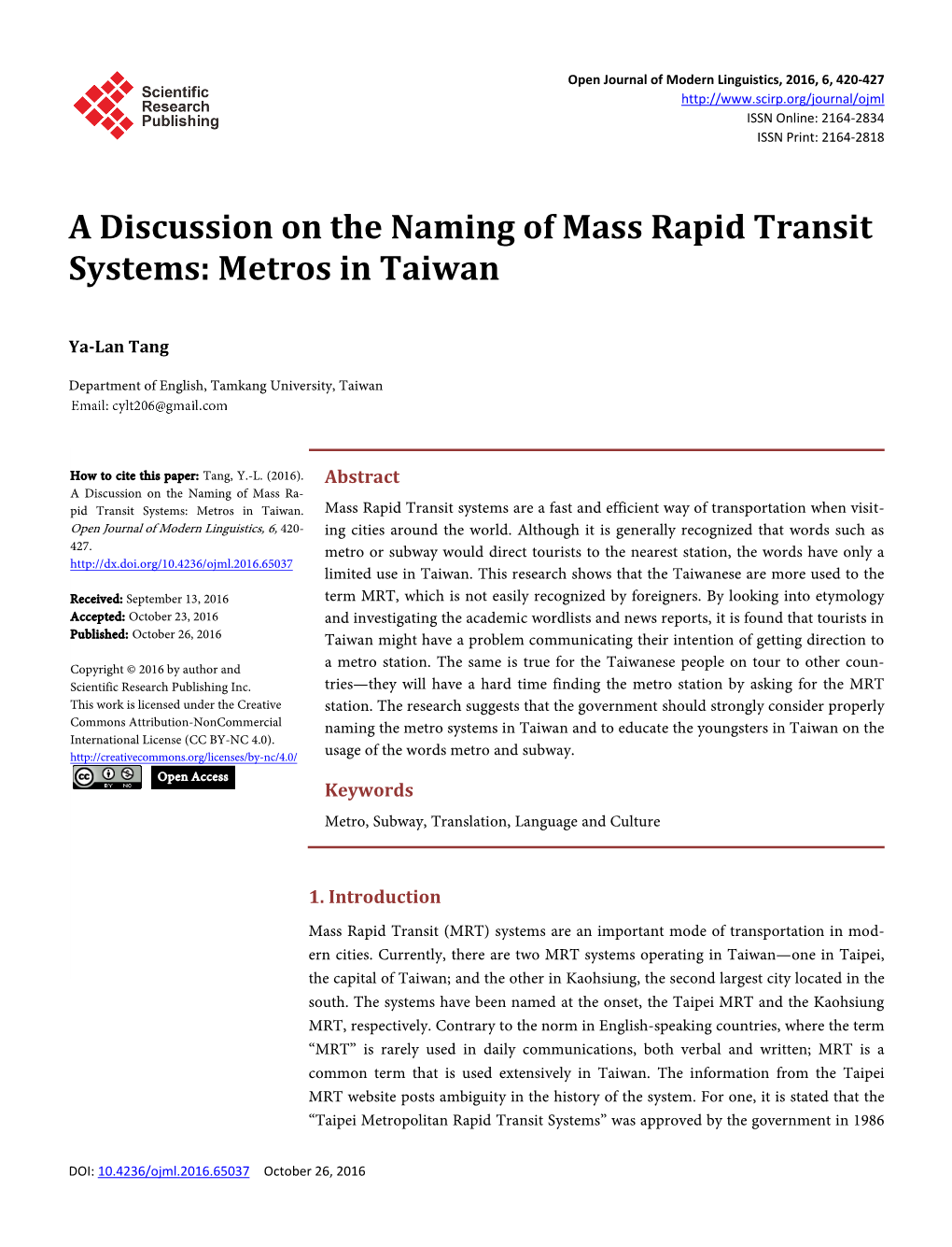 A Discussion on the Naming of Mass Rapid Transit Systems: Metros in Taiwan