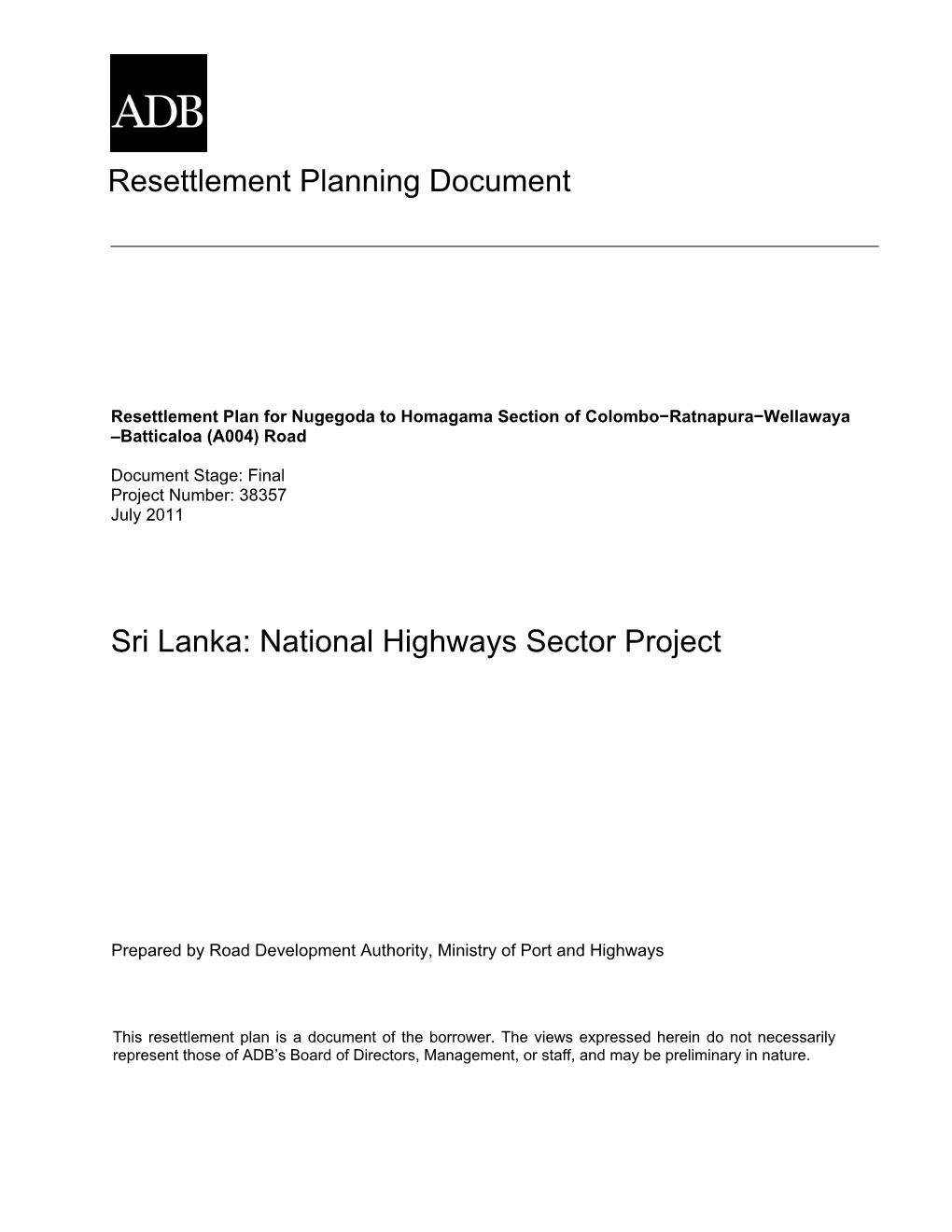 RP: Sri Lanka: National Highways Sector Project