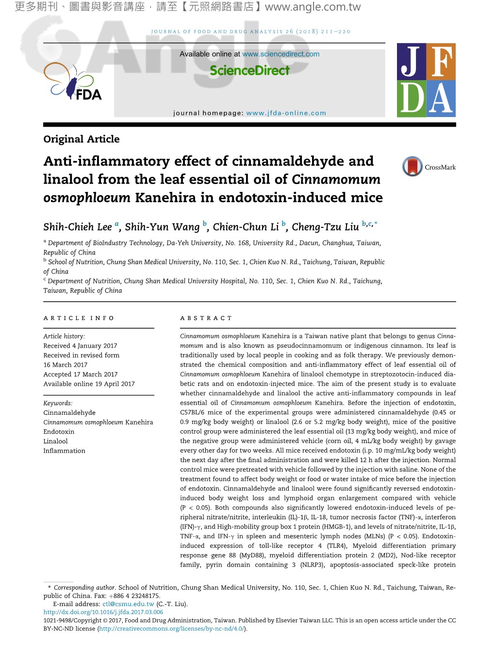 Anti-Inflammatory Effect of Cinnamaldehyde and Linalool From