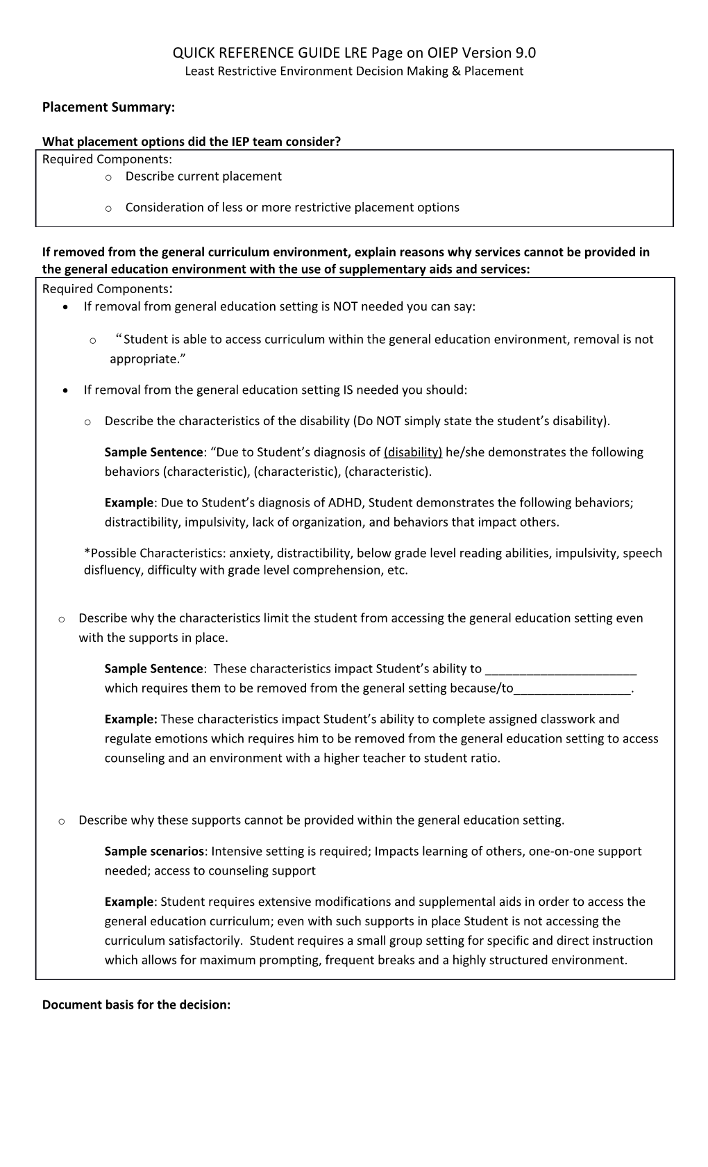 QUICK REFERENCE GUIDE LRE Page on OIEP Version 9.0