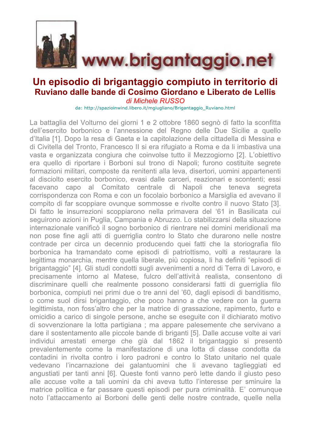 Un Episodio Di Brigantaggio Compiuto in Territorio Di Ruviano