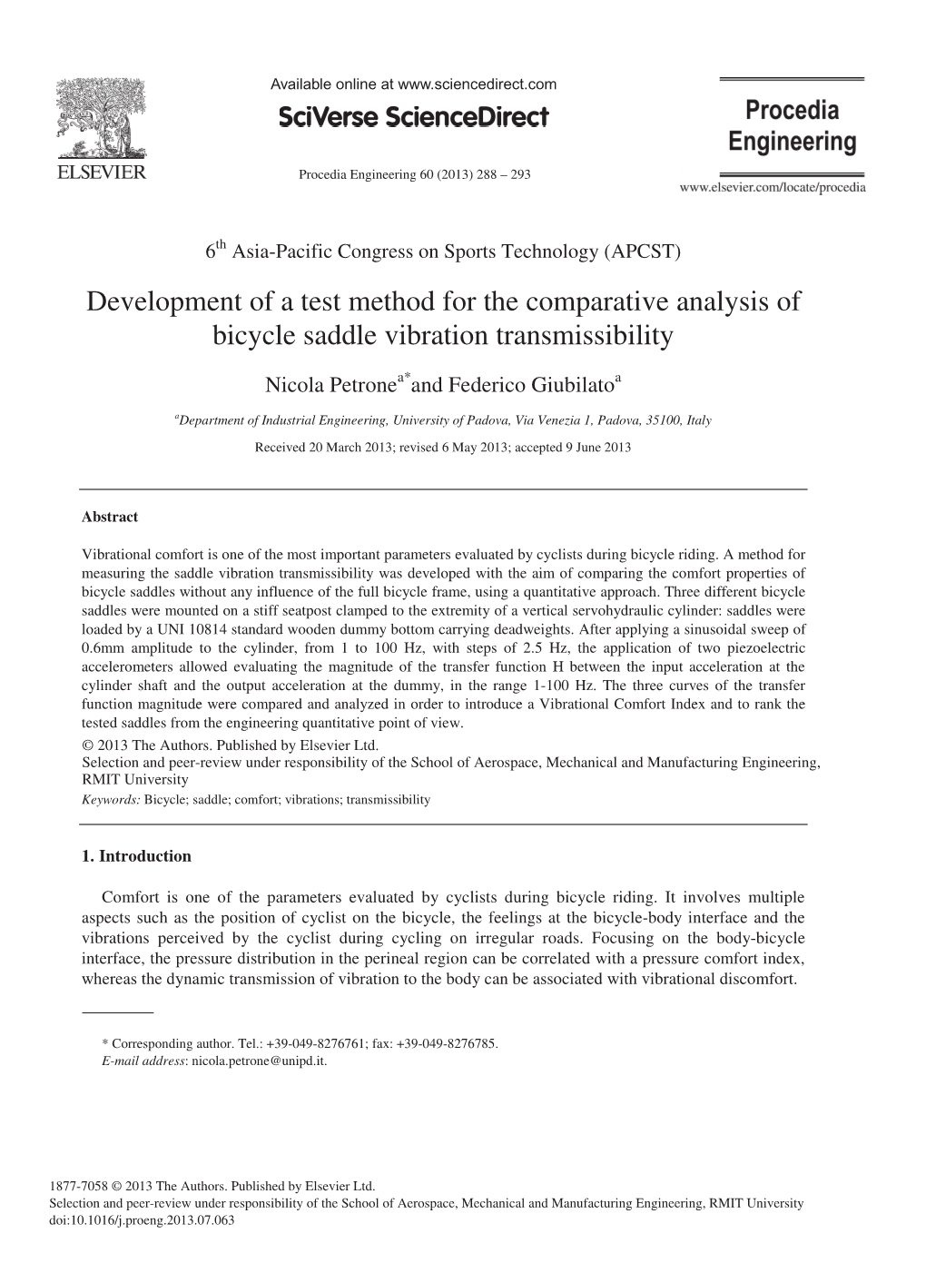 Development of a Test Method for the Comparative Analysis of Bicycle Saddle Vibration Transmissibility