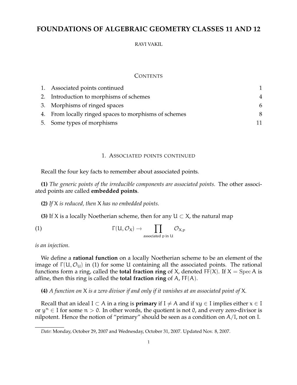 Foundations of Algebraic Geometry Classes 11 and 12