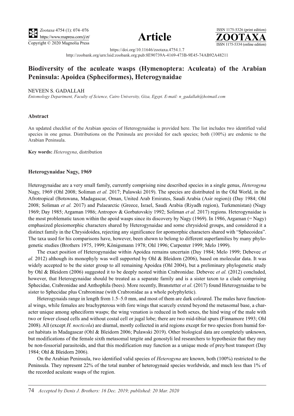 Biodiversity of the Aculeate Wasps (Hymenoptera: Aculeata) of the Arabian Peninsula: Apoidea (Spheciformes), Heterogynaidae