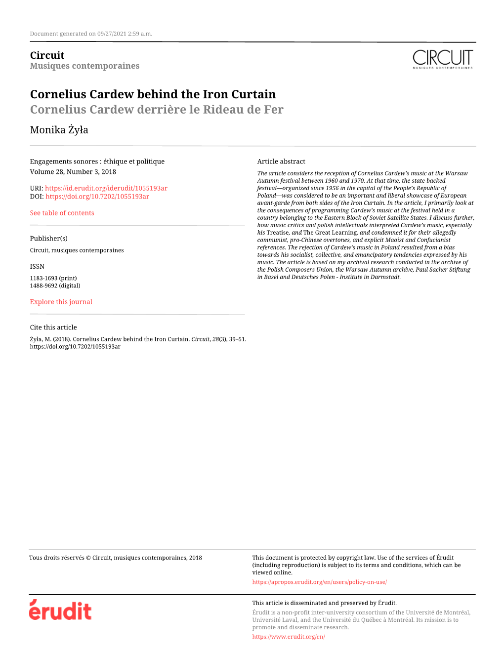 Cornelius Cardew Behind the Iron Curtain Cornelius Cardew Derrière Le Rideau De Fer Monika Żyła