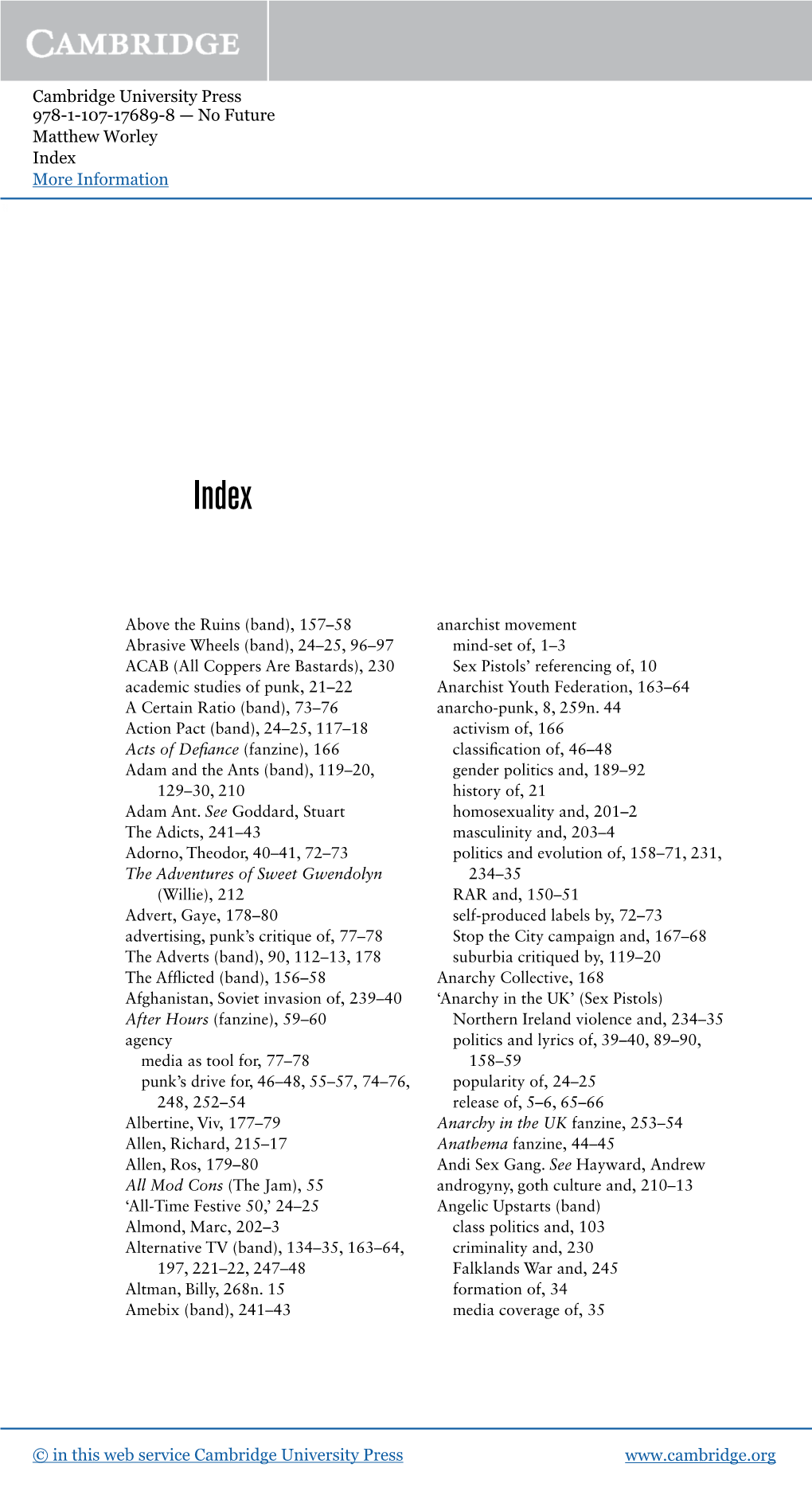 Cambridge University Press 978-1-107-17689-8 — No Future Matthew Worley Index More Information
