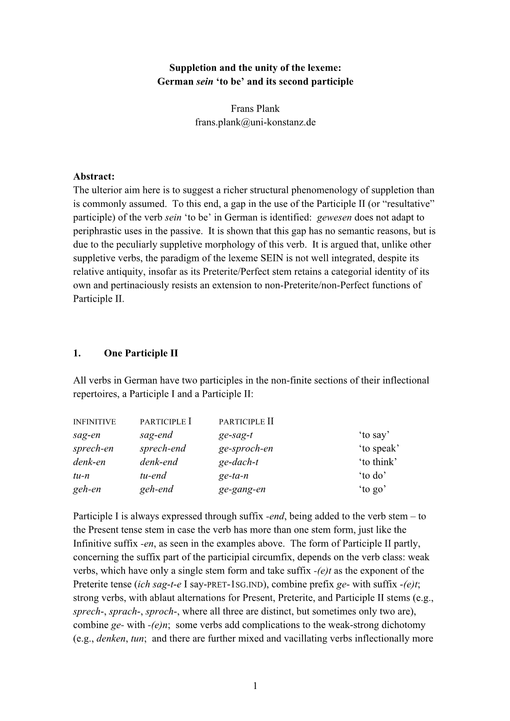 Suppletion and the Unity of the Lexeme: German Sein ‘To Be’ and Its Second Participle