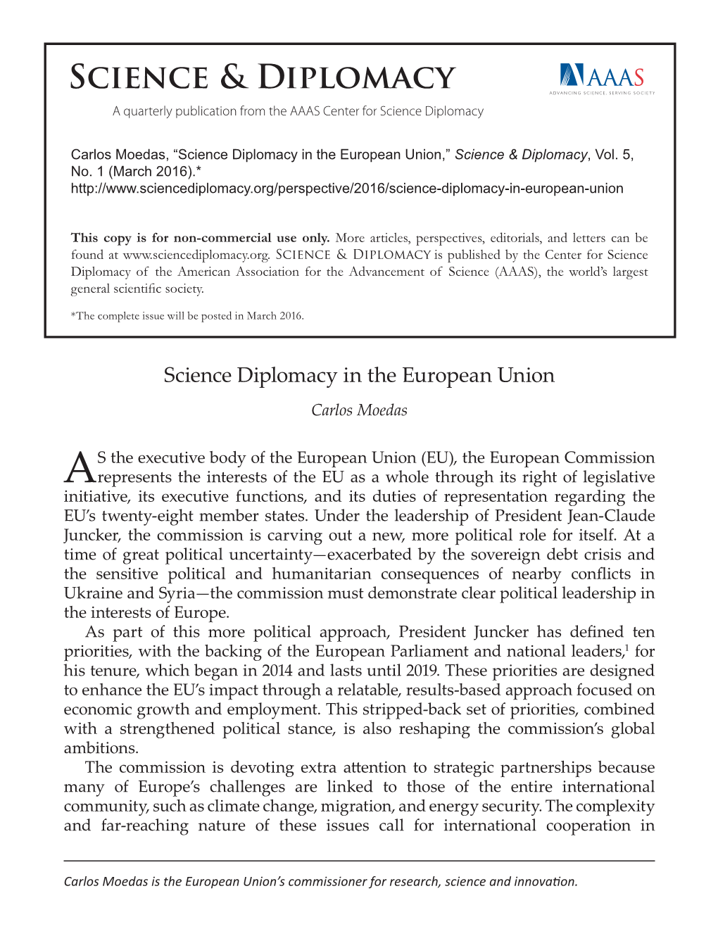 Science Diplomacy in the European Union,” Science & Diplomacy, Vol
