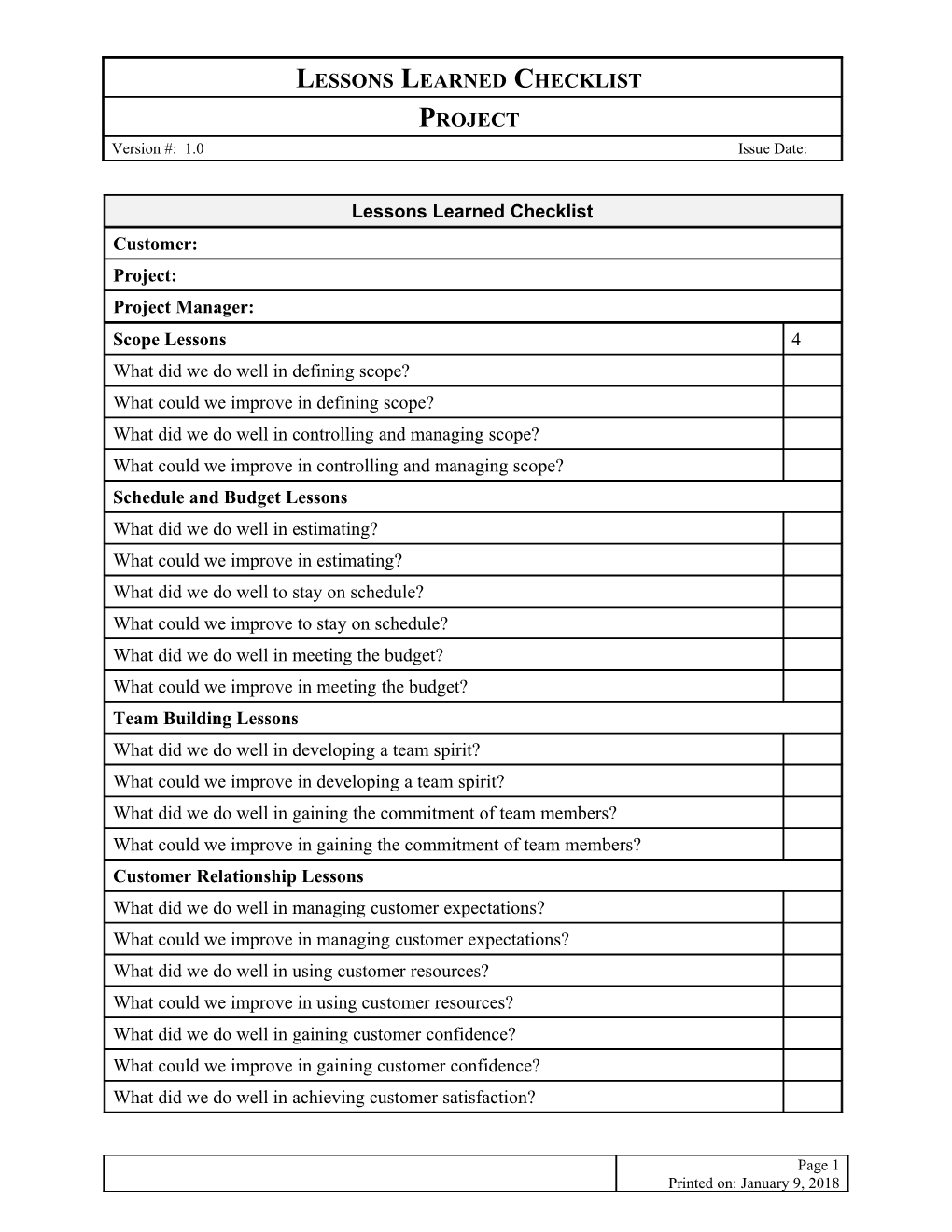 Lessons Learned Checklist