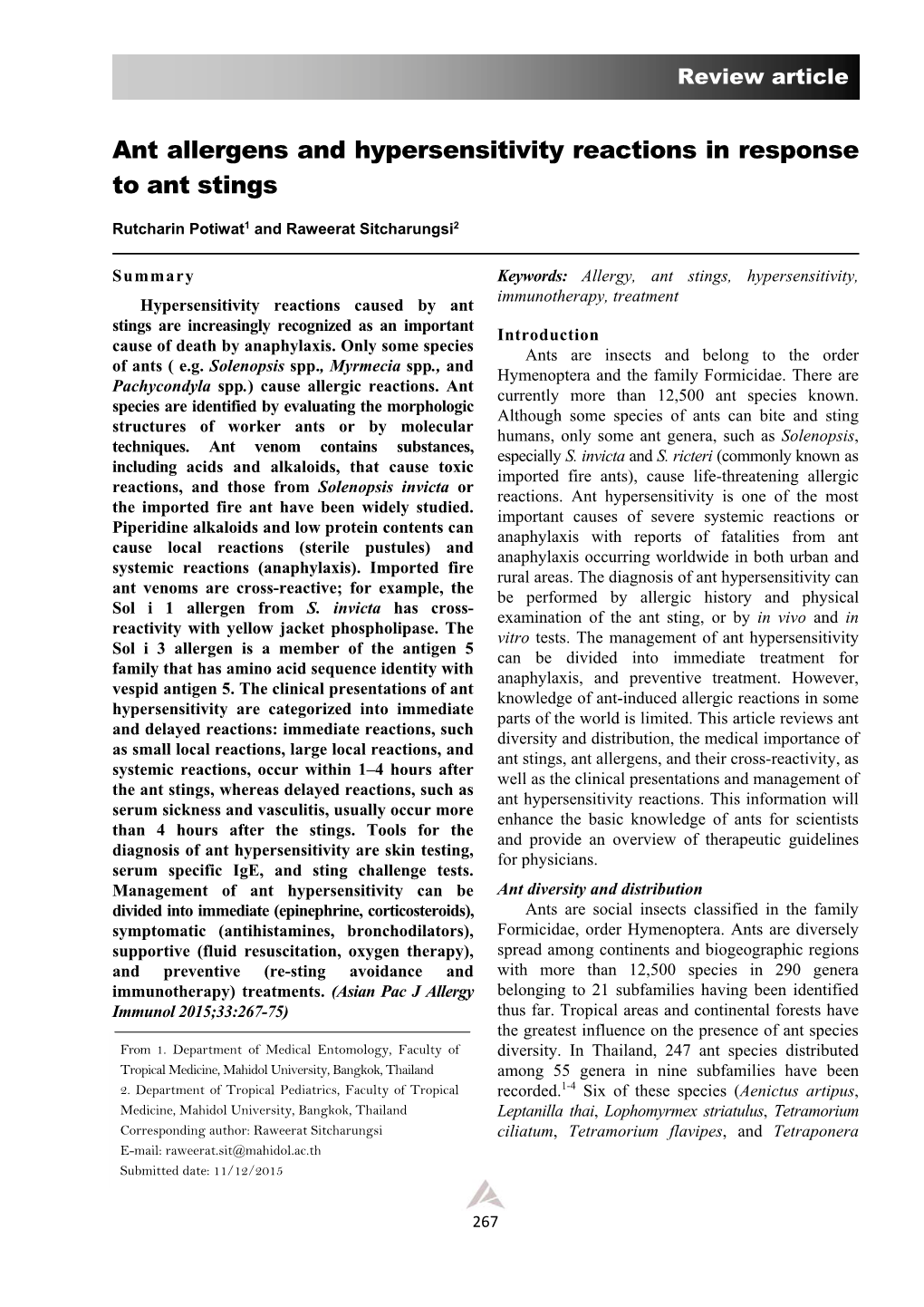 Ant Allergens and Hypersensitivity Reactions in Response to Ant Stings