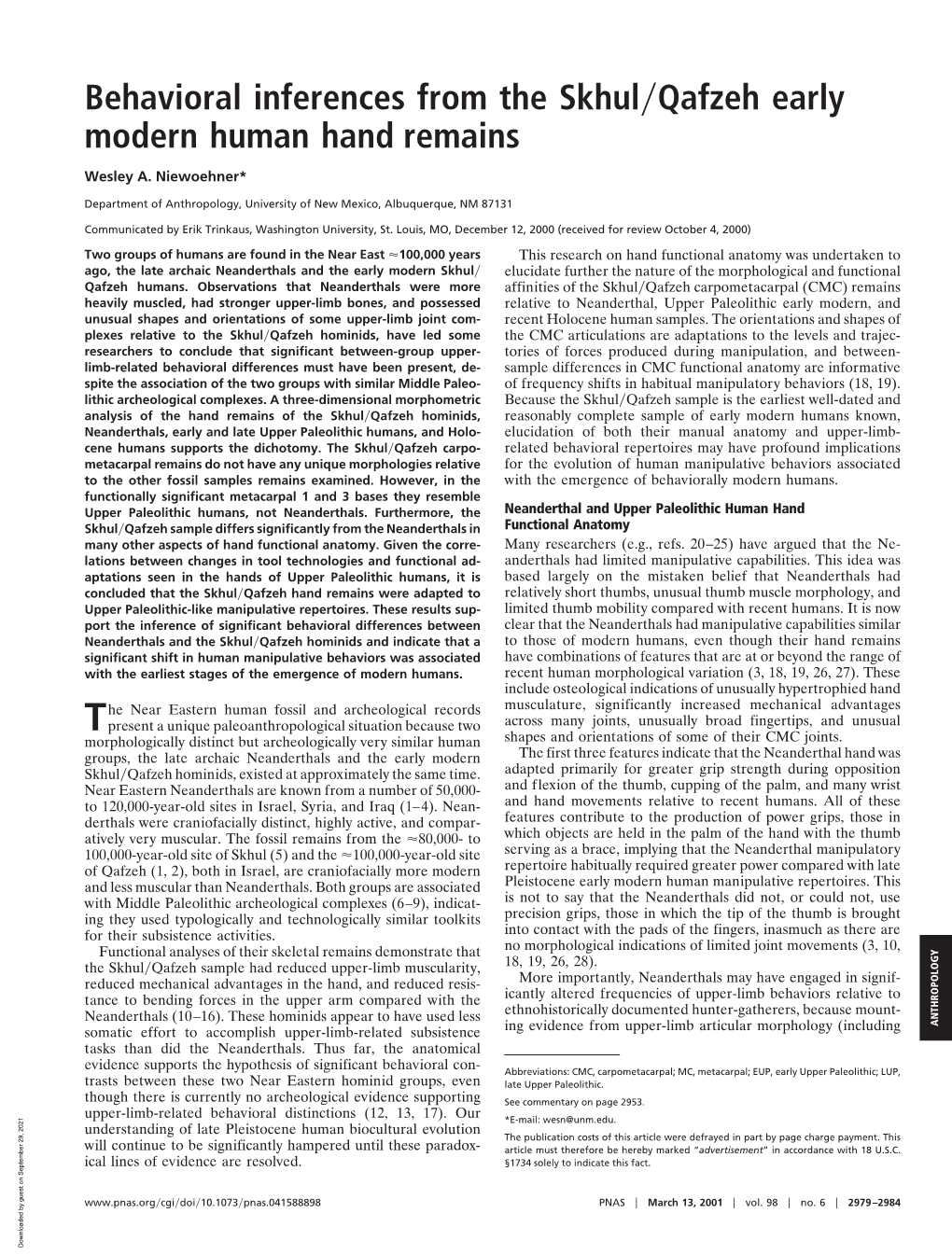 Behavioral Inferences from the Skhul Qafzeh Early Modern Human Hand