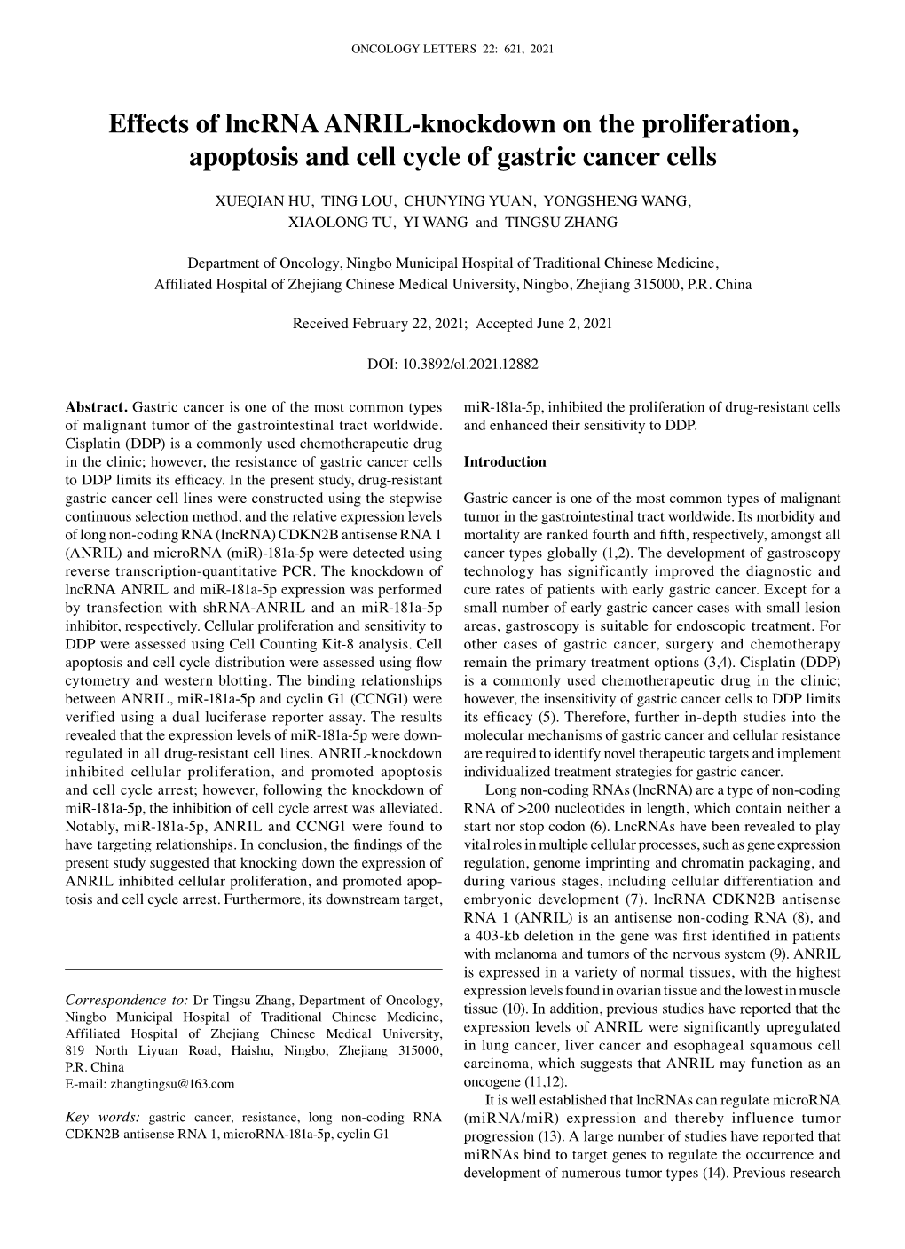 Effects of Lncrna ANRIL‑Knockdown on the Proliferation, Apoptosis and Cell Cycle of Gastric Cancer Cells